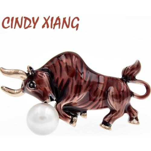 CINDY XIANG New Arrival Enamel Fighting Bull Brooch Women And Men Pearl Cattle Pin Brooch 2021 Year Zodiac Animal Jewelry