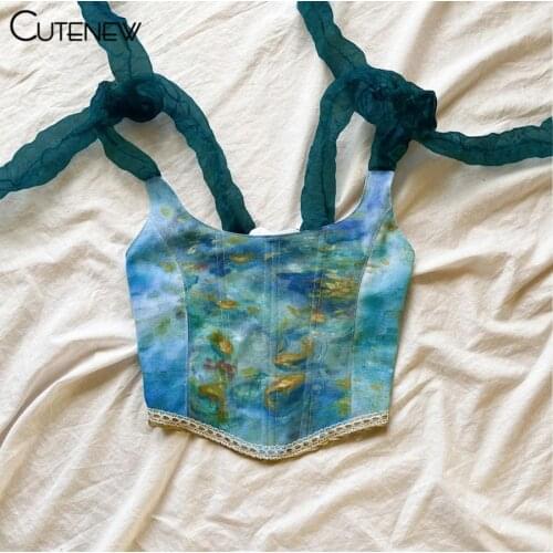 Cutenew Y2K Vintage Aesthetic Printing Crop Tops Womens Clothes Summer Sexy Bandage Tank Top Skinny Clubwear Camisole Hot Deals