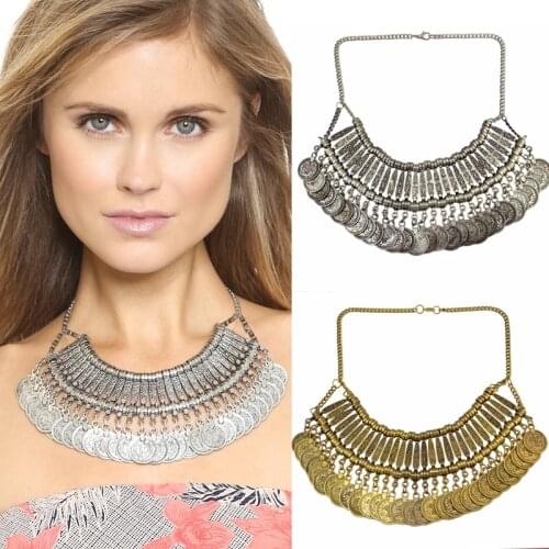 Gypsy Vintage Gold color Metal Coin Tassel Statement Necklace Choker Women Link Chains Necklace Turkish Collier ethnique boheme