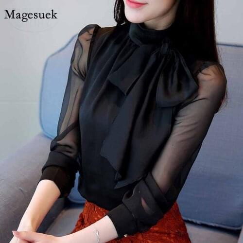 Tie Bow Chiffon Turtleneck Formal Women 2020 New Autumn Fashion Long Sleeve White Black Shirts Tunic Women Blouse Shirts 0599 30