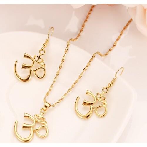 Hindu Buddhist AUM OM Necklace earring Hinduism Yoga India Outdoor Sport Gold Yoga Women Jewelry set wedding bridal party gifts