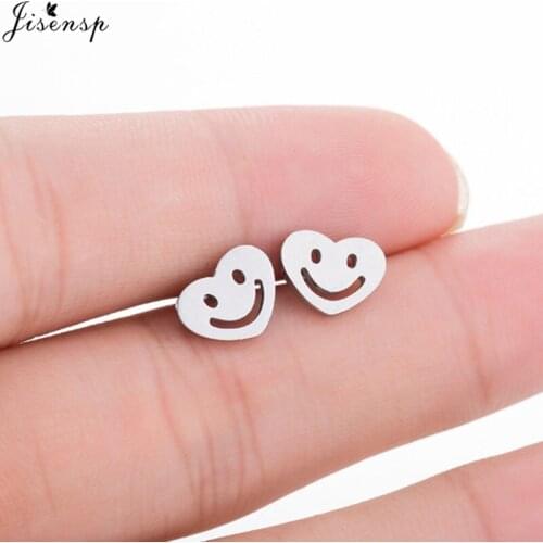 Jisensp 2019 New Stainless Steel Heart Smile Face Earrings for Women Funny Fashion Stud Earrings Children Jewelry pendientes