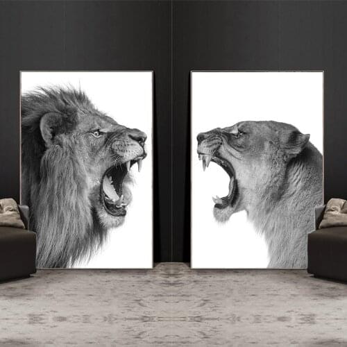 Black and White Lion Family Canvas Paintings on the Wall Art Posters and Prints African Wild Animals Decorative Pictures Cuadros