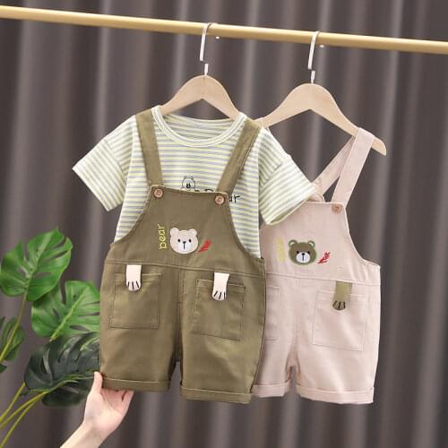 New Summer Children Cotton Clothes Baby Boy Girls Cartoon Strips Shirt Overalls 2Pcs/Sets Infant Kids Fashion Toddler Tracksuits