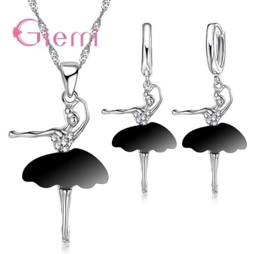 Beautiful Ballet Design 100% 925 Sterling Silver Pendant Earrings Necklace Jewelry Sets Hard Cubic Zirconia For Women