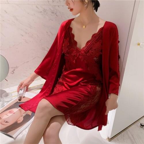 Nighty Robe Set Womens 2PCS Nightshirts Sleep Suit V-Neck Pajamas Silky Sleepwear Homewear Wear Home Nightdress Negligee Gown