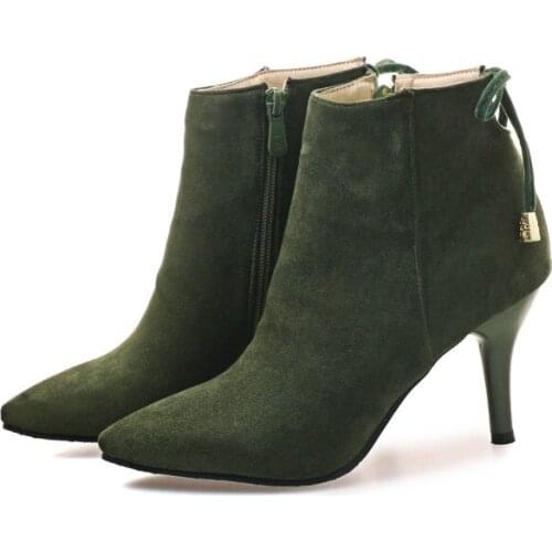 Big Size Ma'am Fine heel Short boots Pure color Pointed boot barrel Suede high-heeled boots