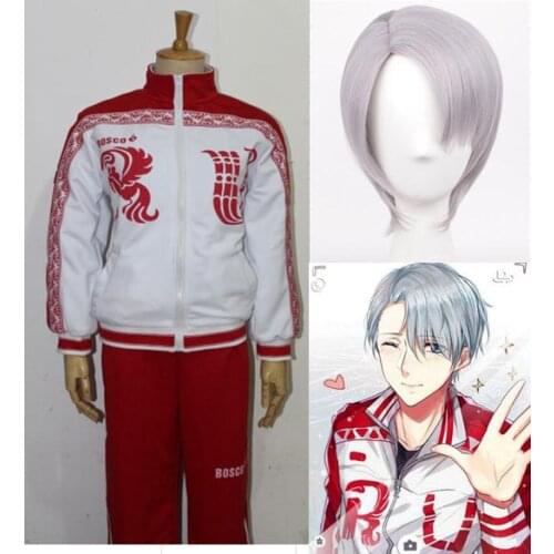 Victor Nikiforov Costume Jacket Pants Hairpiece 3Pcs Set YURI!!!on ICE Halloween Anime Cosplay Red Coat Pant Silver Headwear