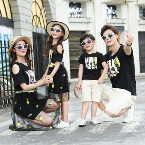 Summer Family Set Mother Daughter Black Mesh Dresses Father Son Cotton T shirt+Shorts Family Look Parent-Child Set Couple Sets