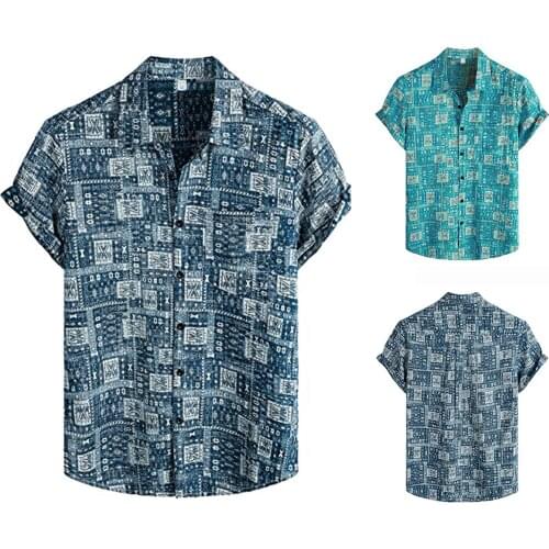 Plus Size Mens Shirts Casual Cotton-Linen Short Sleeve Shirts Geometric Digital Printed T-shirt Top Outwear Men Beach Shirts