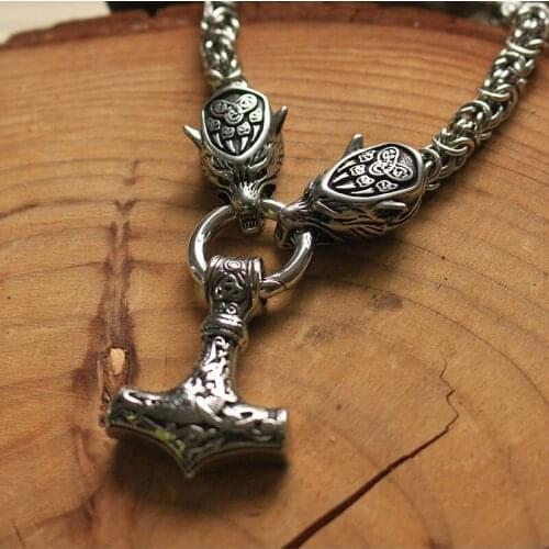 Men necklace viking wolf head with thors hammer mjolnir necklace stainless steel pendant norse talisman ethnic jewelry