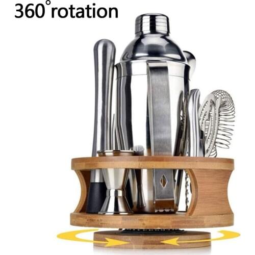 Wine Cup Cocktail Shaker Set 9pcs Stainless Steel Bar Tools with Rotating Bamboo Stand for Drink Mixer Bartending Shaker Bar Set
