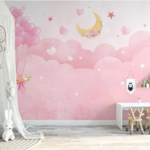 Custom Mural Wallpaper Nordic Ins Hand-painted Pink Clouds Starry Sky Love Balloon Pink Childrens Room Wall Sticker Home Decor