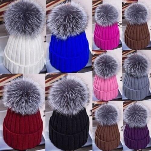 2021 New Hot Fashion Large Ball Womens Hat Winter Fox 15cm Fur Pom Pom Knit Beanie Ski Cap Bobble