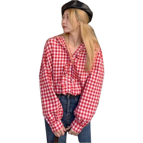 New 2021 Spring Summer Blouses Shirts Checkered Vintage Oversize Plaid Korean Style Office Lady Lace Wild Tops CL835