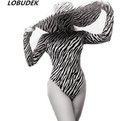 Black White Zebra Stripes Bodysuit Big Hat Women Nightclub Costume Teams Catwalk Stage Wear Bar Jazz DJ Pole Dancing Jumpsuit