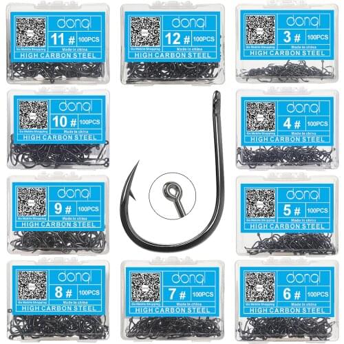 DONQL 100pcs Carbon Steel Fishing Hooks Set Single Circle Fishhook Fly Fishing Jig Barbed Carp Hooks Tackle Accessories