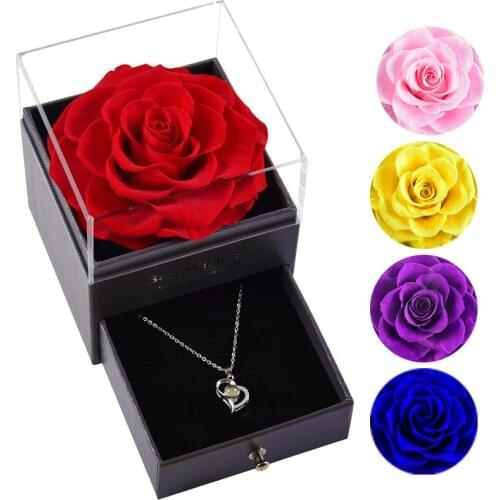 Eternal Flowers Beast Beauty Roses Marriage Ring Jewelry Box for Wedding Valentines Day Mothers Day Birthday Gift with Necklace