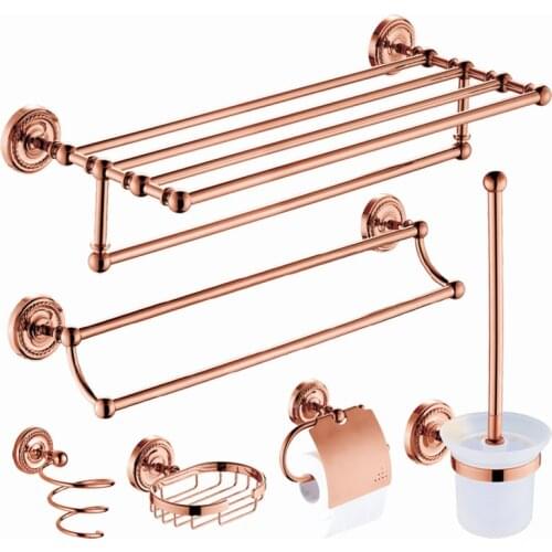 Vintage Rose Gold Brass Towel Shelf Soap Dish Toothbrush Holder Metal Wall Mounted Hair Dryer Rack Bathroom Towel Pendant Set
