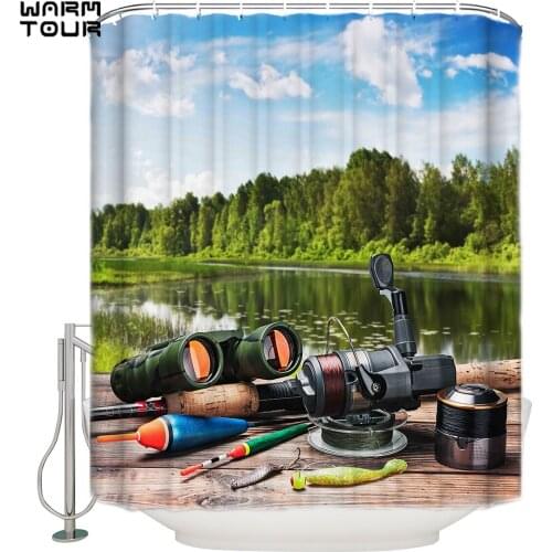 WARMTOUR Shower Curtain Fishing Scenic Outdoor Lake Waterproof Shower Curtain Bathroom Decor