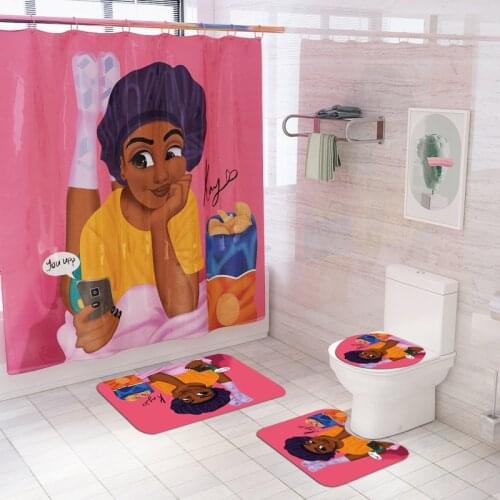 African American Girl Shower Curtain Playing Mobile Phone In Bed Pattern Afro Africa Women Bath Curtains Rugs Toilet Seat Cover