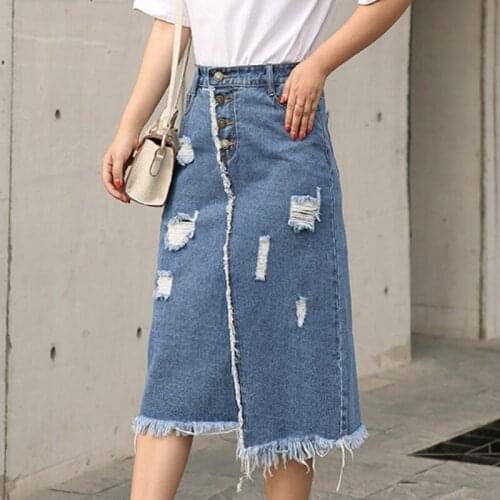 Large Size Womens Denim Skirt Female Korean Version Front Breasted Ripped Jeans Skirts Hole Tassel Midi Skirt TA203