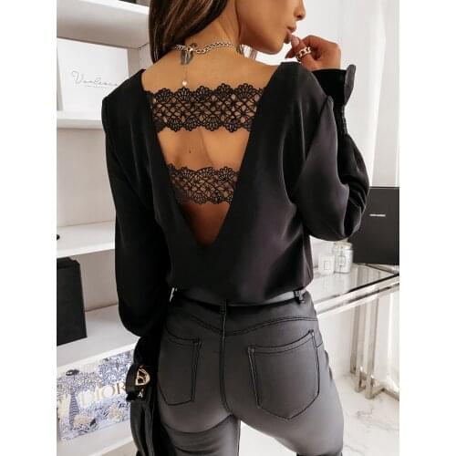 Fashion Spring Women Blouse Shirts Design Lace Backless V-Neck Long Sleeve Solid Pullovers Tops