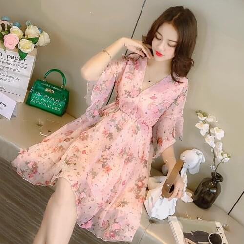 Women Dresses Summer New 2021Chiffon Robe Fleurie Vestito Floreale Elegant Dress Vestido De Mulher Cottagecore Dress A145
