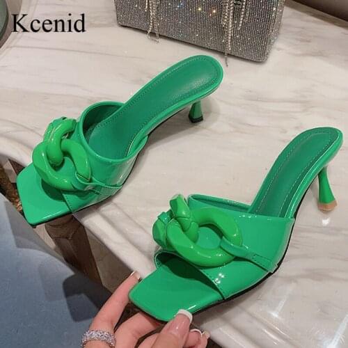 Kcenid 2021 Summer Slippers Women Fashion Big Chain Sandals Square Open Toe High Heels Mules Ladies Shoes Slides White Green