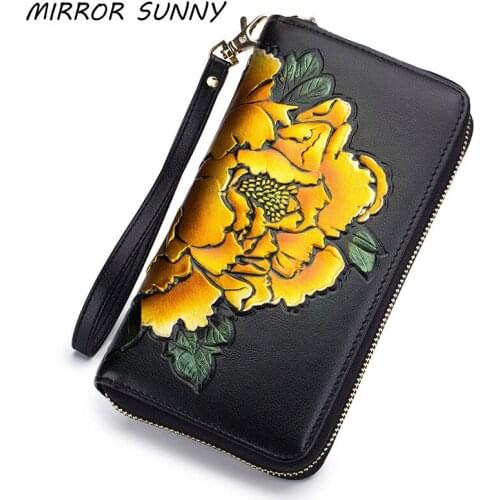RFid Handmade Painted Peony Flower Women Wallet Genuine Leather Female Long Zipper Purse Lady Wristband Cellphone Card Wallet