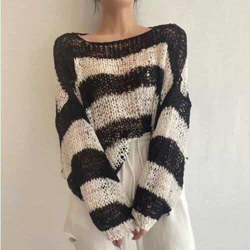 Women Lantern Long Sleeve O Neck Thin Hollow Out Sweaters Striped Loose Harajuku Lady Korean Fashion Sweater Casual Knitted Top