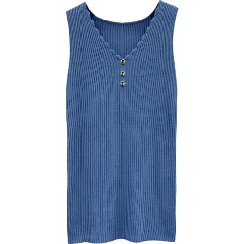 New Stylish Harajuku Summer Vest Solid Color Buttons Women Sleeveless Knitted V Neck Blouse for Daily Wear