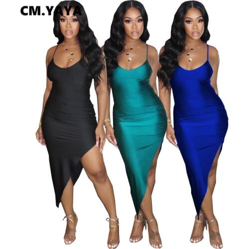 CM.YAYA Women Sleeveless Spaghetti Strap High Low Irregular Bodycon Midi Dress Sexy Club Party Pencil Dresses 2021 New