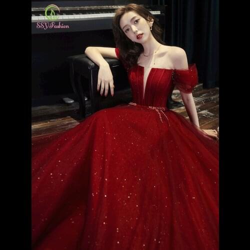 SSYFashion New Elegant Banquet Wine Red Evening Dress for Bride Boat Neck A-line Floor-length Long Formal Gown Vestidos De Noche