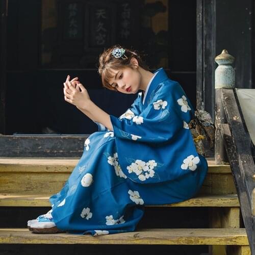 Womens Yukata Traditional Japan Kimono Robe Photography Dress Cosplay Costume Dark Blue Color flower Prints Vintage Clothing
