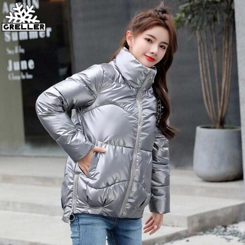 GRELLER 2020 Autumn Womens Winter Coats Fashion Silver Stand Collar Short Parkas Winter Jacket Women Pockets Padded Cotton Coat