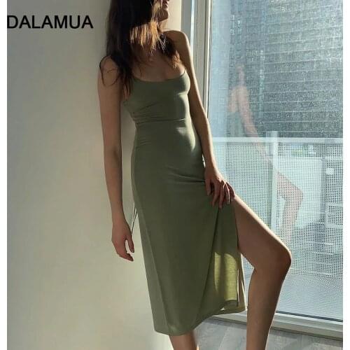 Women Slip Dress 2021 Summer Spaghetti Strap Solid Color Office Lady Bodycon Sleeveless Cross Back New Female Split Midi Dresses