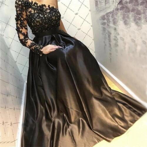 BEPEITHY One Shoulder Black Long Evening Dress Party Elegant Robe De Soiree Long Sleeve Vintage Prom Gown 2020