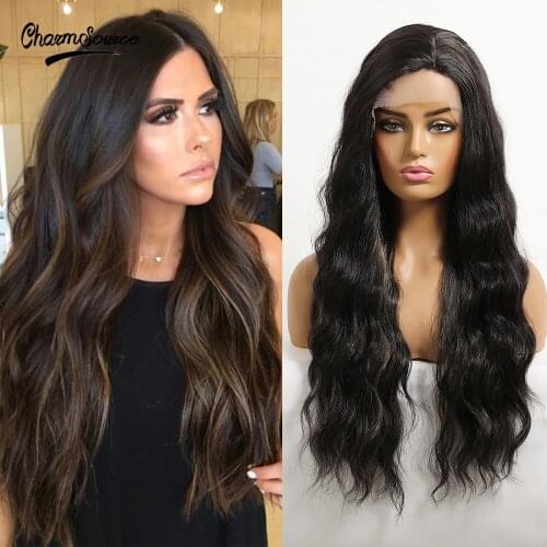 CharmSource Long Natural Wavy Wigs Lace Front Brown Ombre Blonde Synthetic Wig for Women Daily Party High Density Heat Resistant