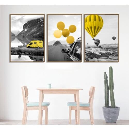 Black And White Landscape Picture Home Decor Nordic Canvas Painting Yellow Balloon Print Living Room Bedroom