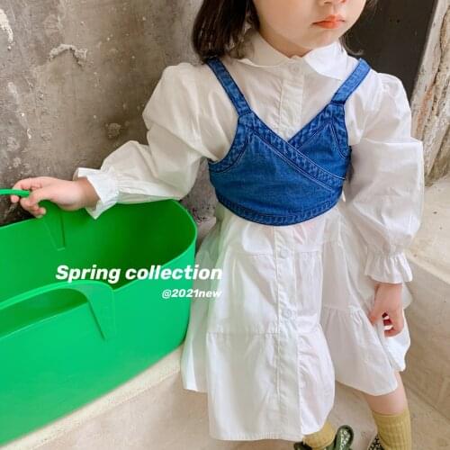 Childrens Wear Autumn 2021 New Girls French Vintage Bubble Sleeve Dress Korean Denim Suspenders Two Piece Girls Clothes