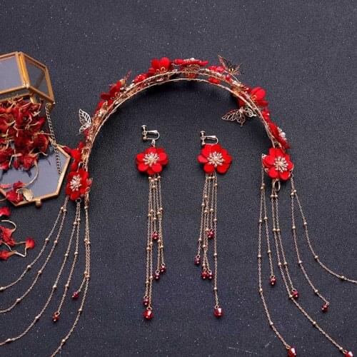 FORSEVEN Chinese Traditional Red Color Flower Headdress Hair Accessories Handmade Long Tassel Headband Earrings Jewelry Sets