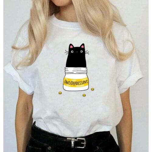 Fur Antidepressant Cat Print T Shirt Women Tops Summer Short Sleeve Casual T-shirt Harajuku Shirt Tee Shirt Femme Camiseta Mujer