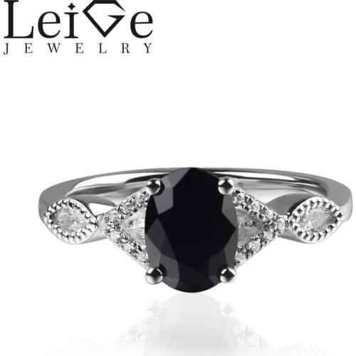 925 Silver Black Spinel Ring Oval Cut Prong Setting Black Gemstone Promise Wedding Rings for Women Anniversary Gift