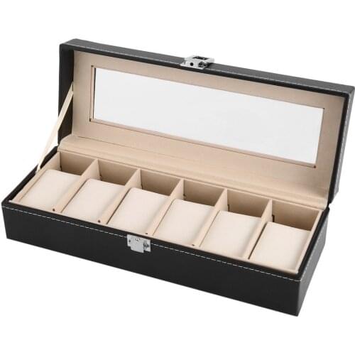 6 Grids Watch Box Black PU Leather Refinement Slots Wrist Watches Organizer Jewelry Display Case Storage Holder