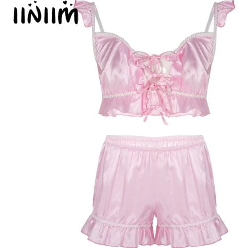 Mens Satin Lingerie Set Pajama Set Sissy Crossdresser Nightwear Sleepwear Lace-up Front Ruffled Bra Tops with Shorts Erotic Set