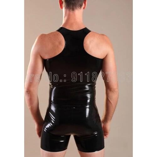 100% Handmade Latex Catsuit Black Mens Latex Rubber Bodysuit Sleeveless Sporty Vest Top Jumpsuit w Front Zipper Customized
