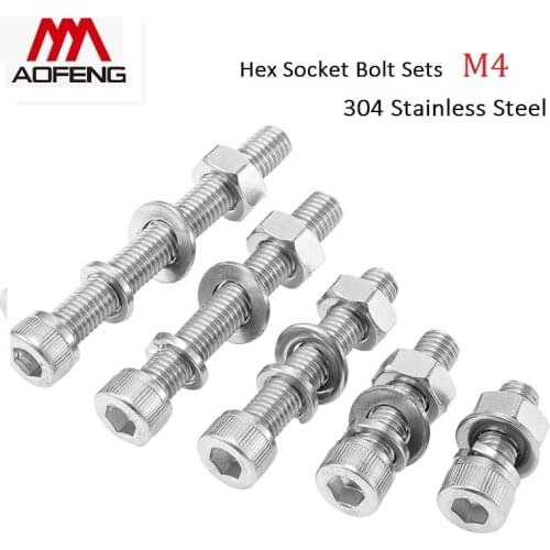 M4 Bolt Nut Washer Hexagon Socket Head Cap M4 Bolt Set M4*6 8 10 12 14 60 65 70 75 80mm 304 Stainless Steel 4mm Set Screw