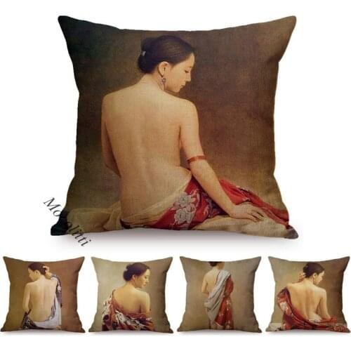 Sexy Woman Oil Painting Art Decoration Cushion Cover Vintage Elegant Girl Hips Ass Style Linen Sofa Throw Pillow Case Kussenhoes