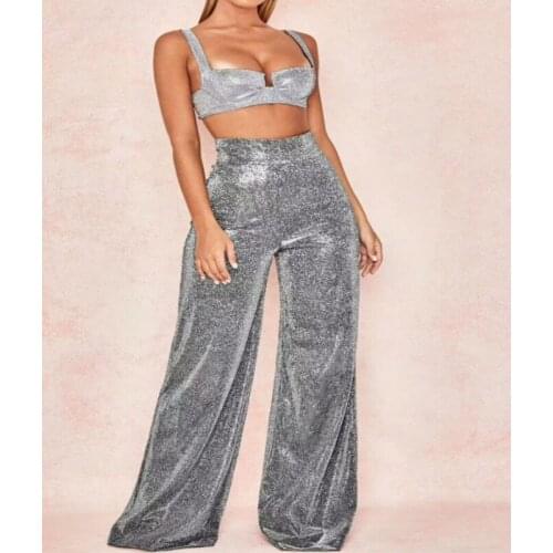 New Arrival Celetrity Evening Club Party Bodycon Bandage Jumpsuits Silver Slik 2 Piece set elastic Boot Cut Pants Women Bodysuit